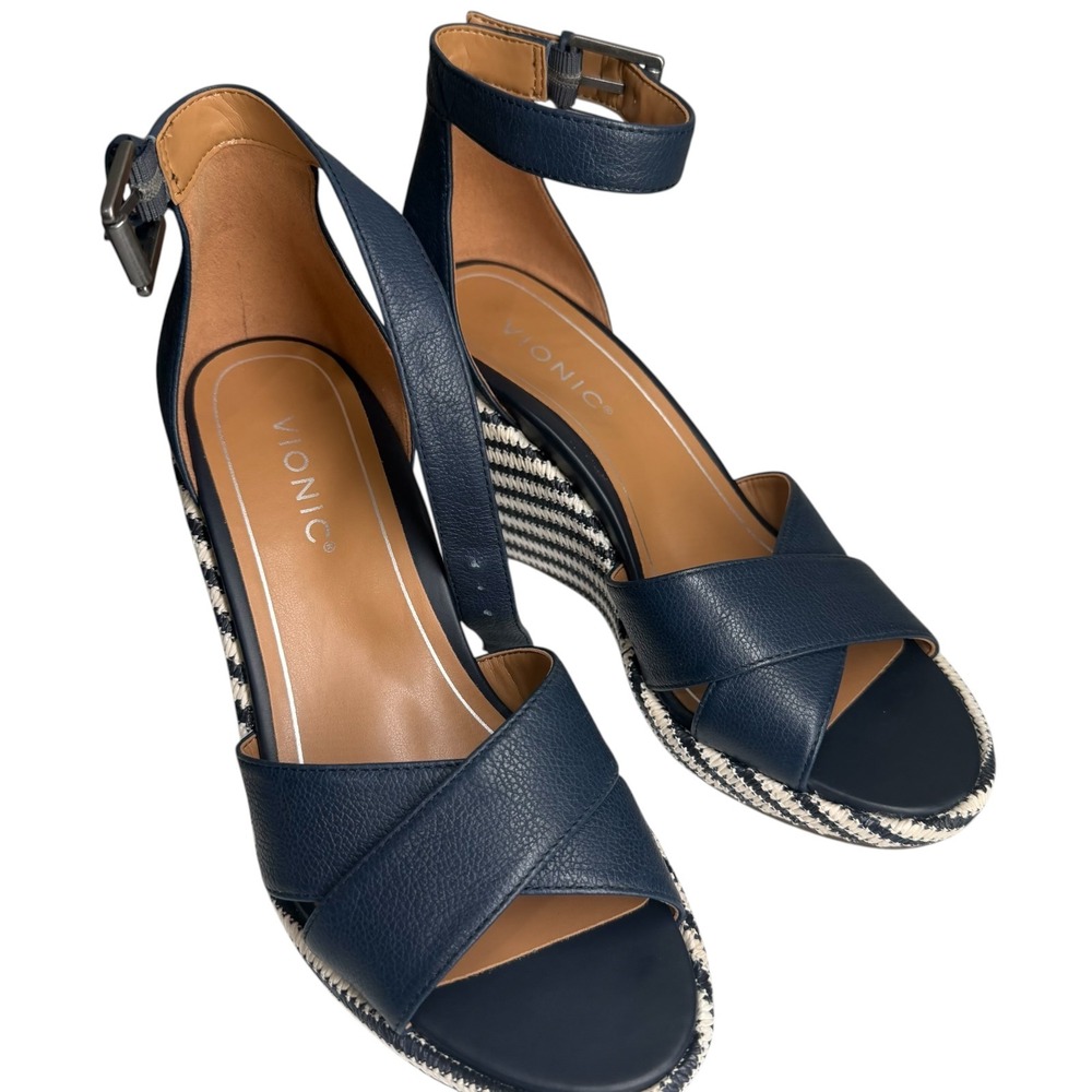 Vionic Marina Wedge Sandals Womens 8 Navy Blue Striped Adjustable Ankle Strap - Picture 9 of 10